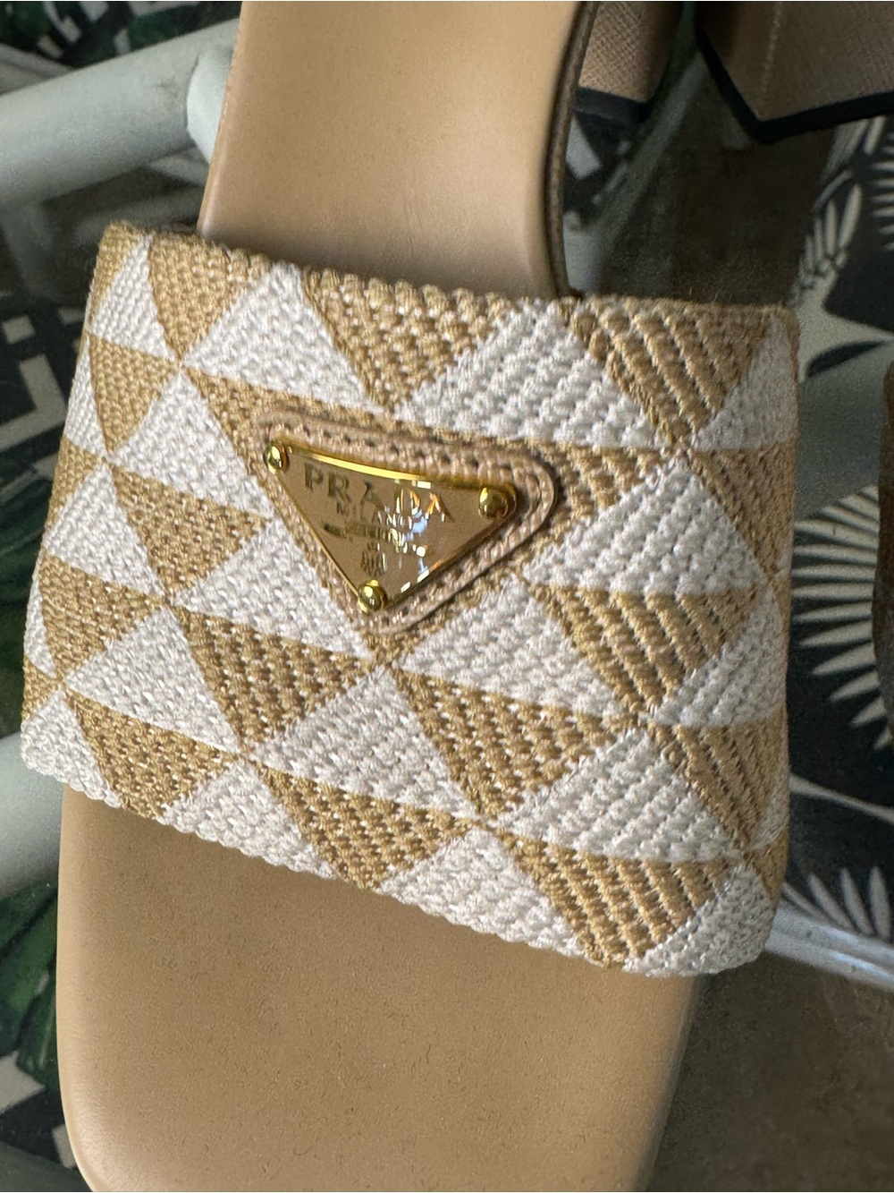 Prada Beige & White Geometric Slide Mules - Picture 4 of 6